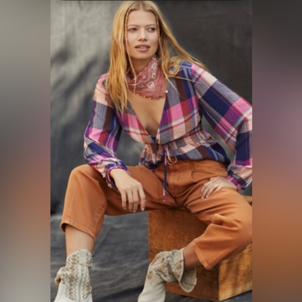 Anthropologie Pilcro Deep-V Plaid Blouse